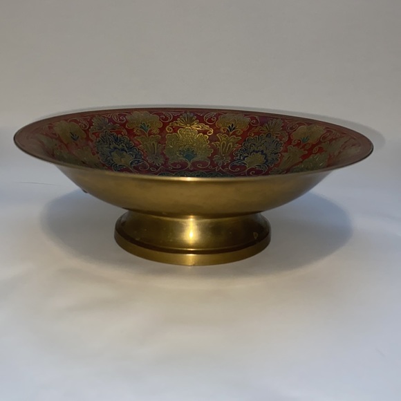 Vintage Cloisonné Peacock Brass Pedestal Bowl - Picture 2 of 3
